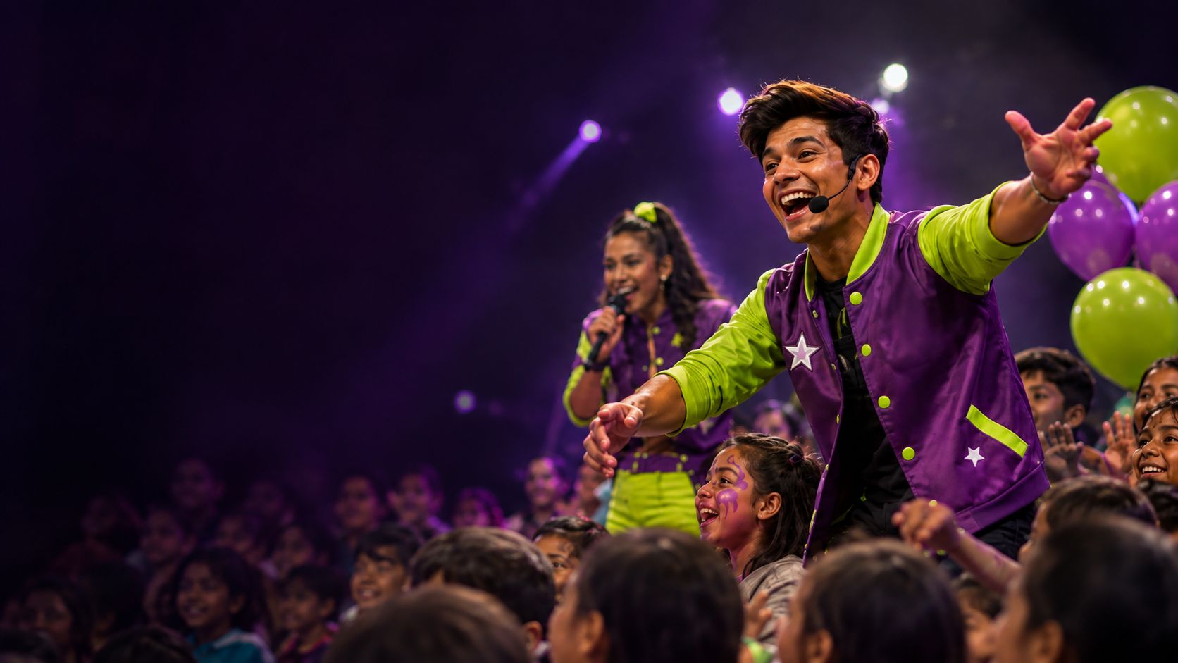 Animador de Yamki durante un show infantil, rodeado de niños y globos
