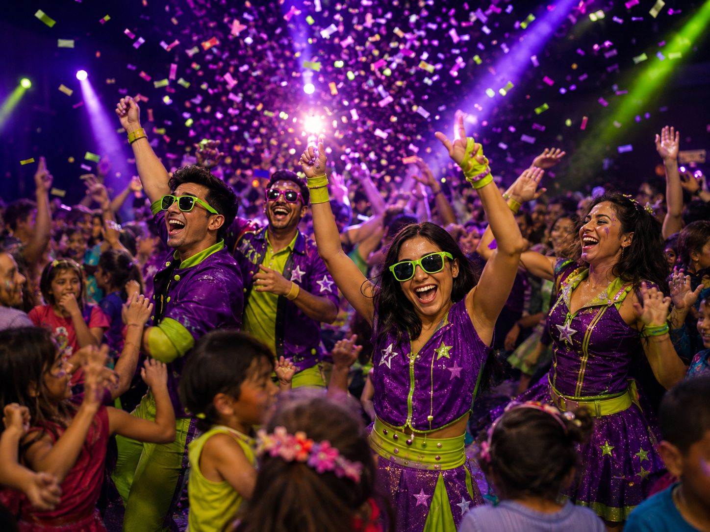 Hora loca con animadores, luces y accesorios de fiesta